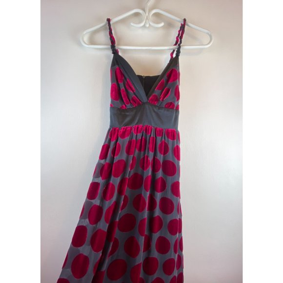 Voom 100% Silk Velvet 90s Y2K Polka Dot Fuschia & Black Maxi Dress Size XS - Picture 6 of 11